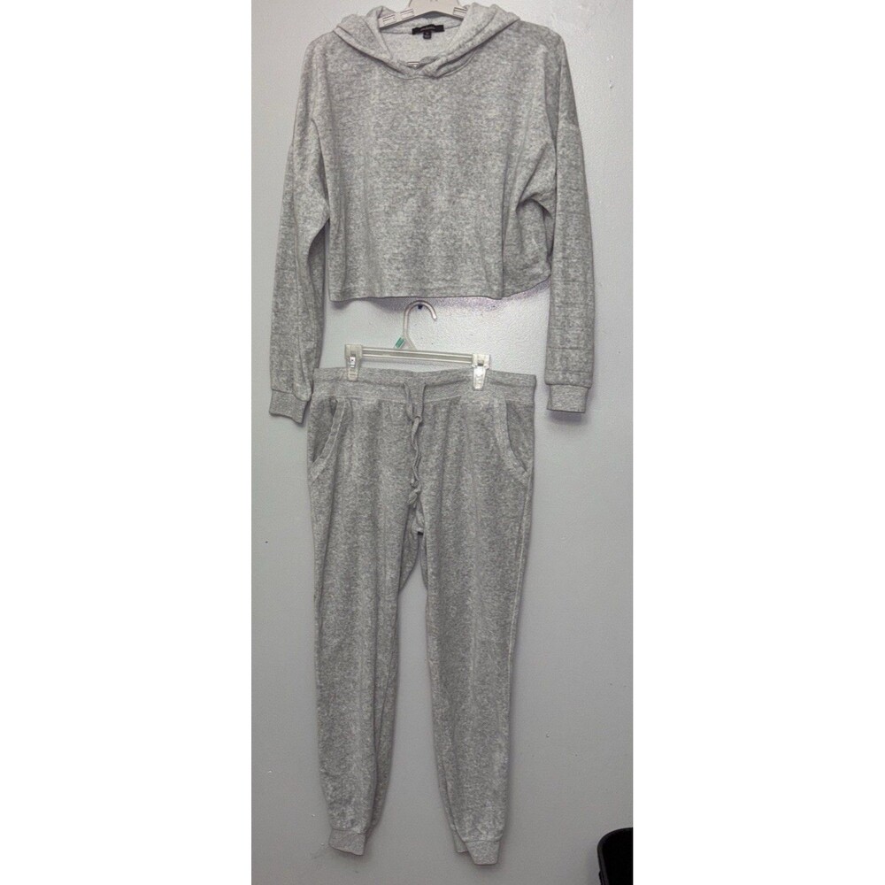 Ambiance Women's Junior's Med  Casual Lounge Crop Hoodie, Jogger Sweat Set Gray